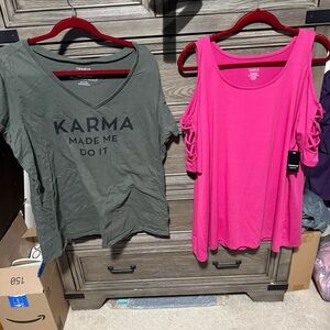 Torrid Green Graphic Tee and Pink Sleeveless Top